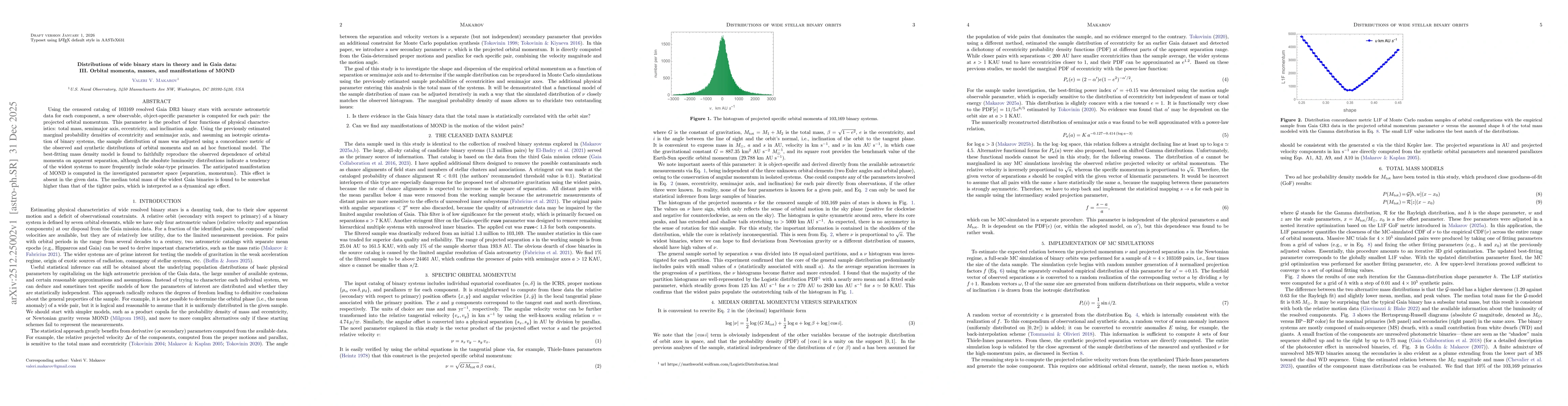 Thumbnail for Distributions of wide binary stars in theory and in Gaia data: III. Orbital momenta, masses, and manifestations of MOND