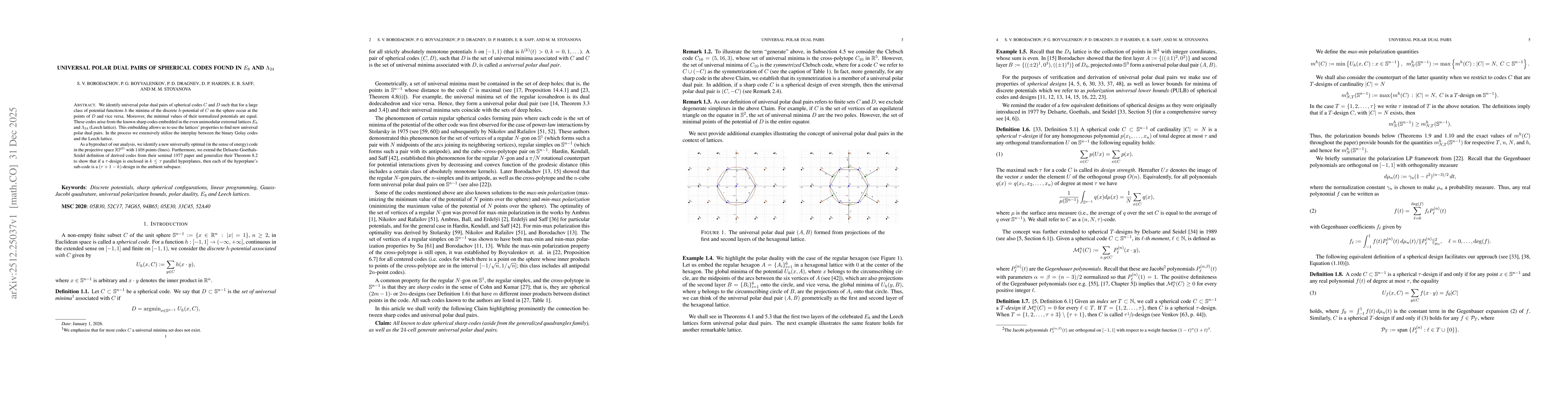 Thumbnail for Universal polar dual pairs of spherical codes found in $E_8$ and $Λ_{24}$