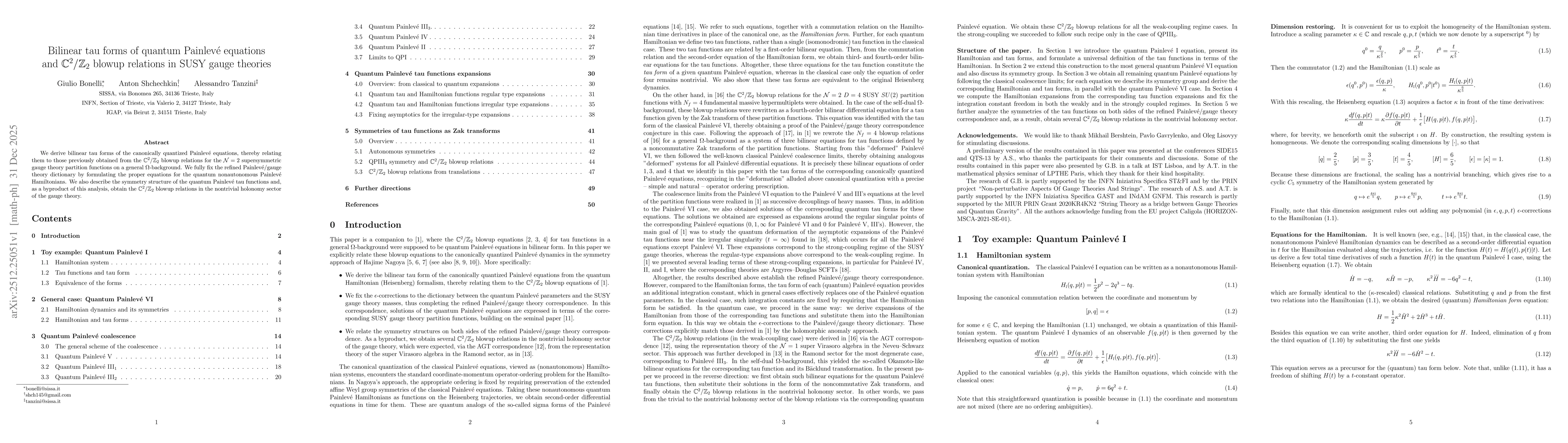 Thumbnail for Bilinear tau forms of quantum Painlevé equations and $\mathbb{C}^2/\mathbb{Z}_2$ blowup relations in SUSY gauge theories