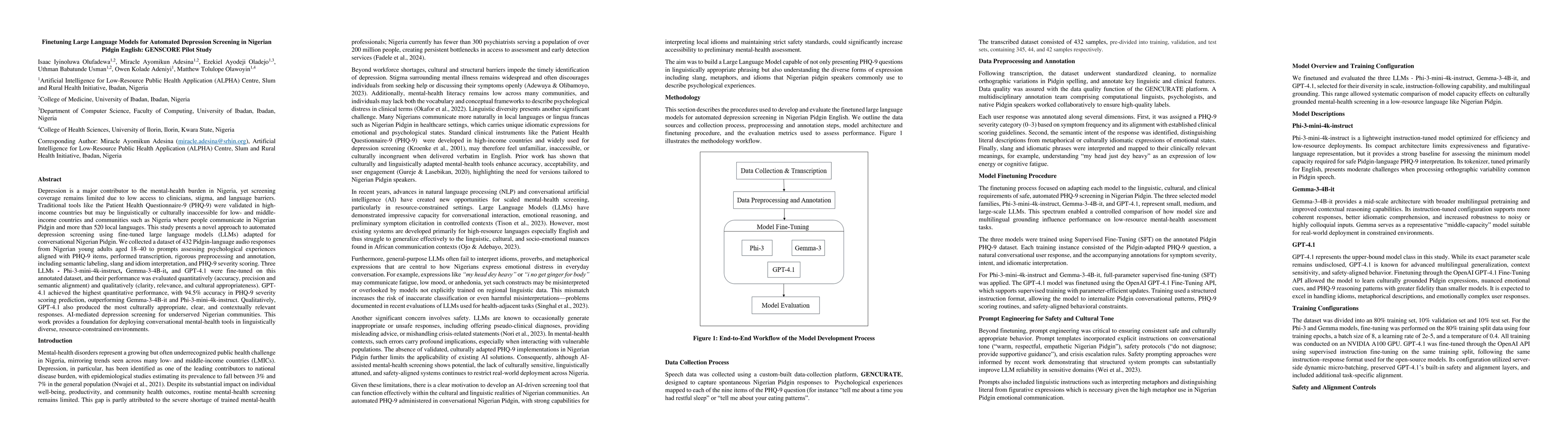 Thumbnail for Finetuning Large Language Models for Automated Depression Screening in Nigerian Pidgin English: GENSCORE Pilot Study