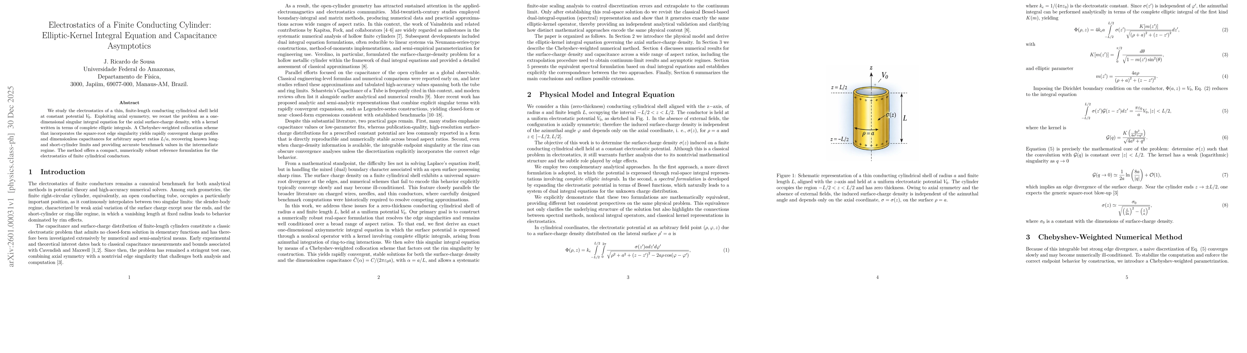 Thumbnail for Electrostatics of a Finite Conducting Cylinder: Elliptic-Kernel Integral Equation and Capacitance Asymptotics