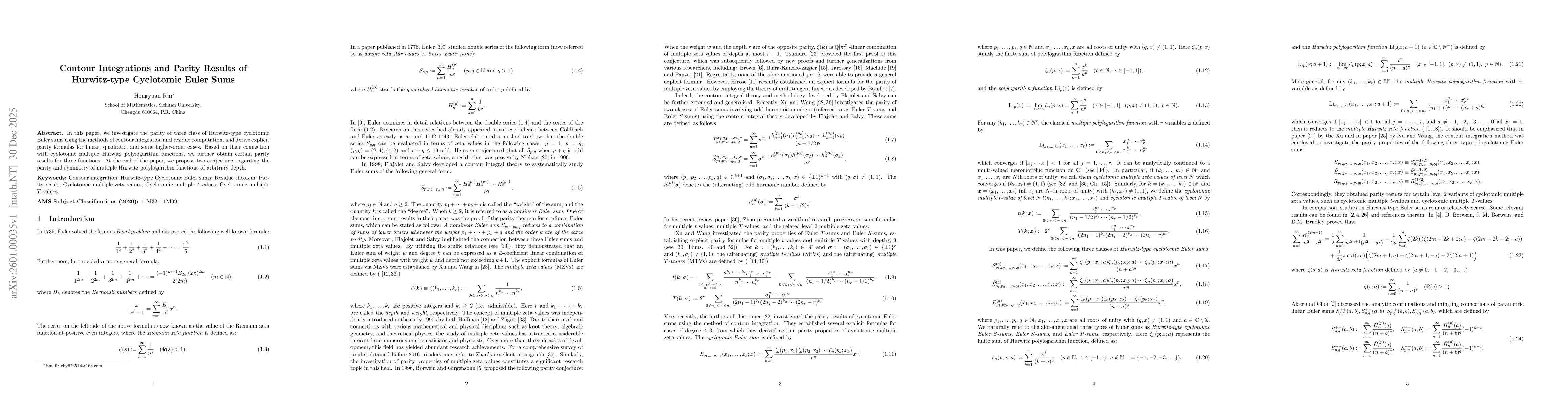 Thumbnail for Contour Integrations and Parity Results of Hurwitz-type Cyclotomic Euler Sums