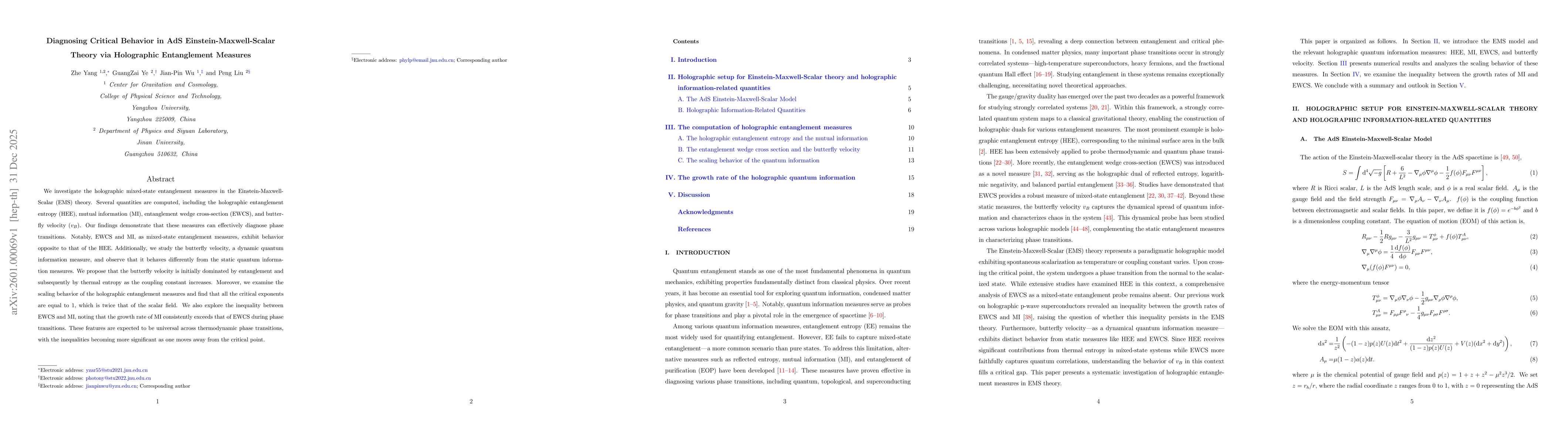 Thumbnail for Diagnosing Critical Behavior in AdS Einstein-Maxwell-Scalar Theory via Holographic Entanglement Measures
