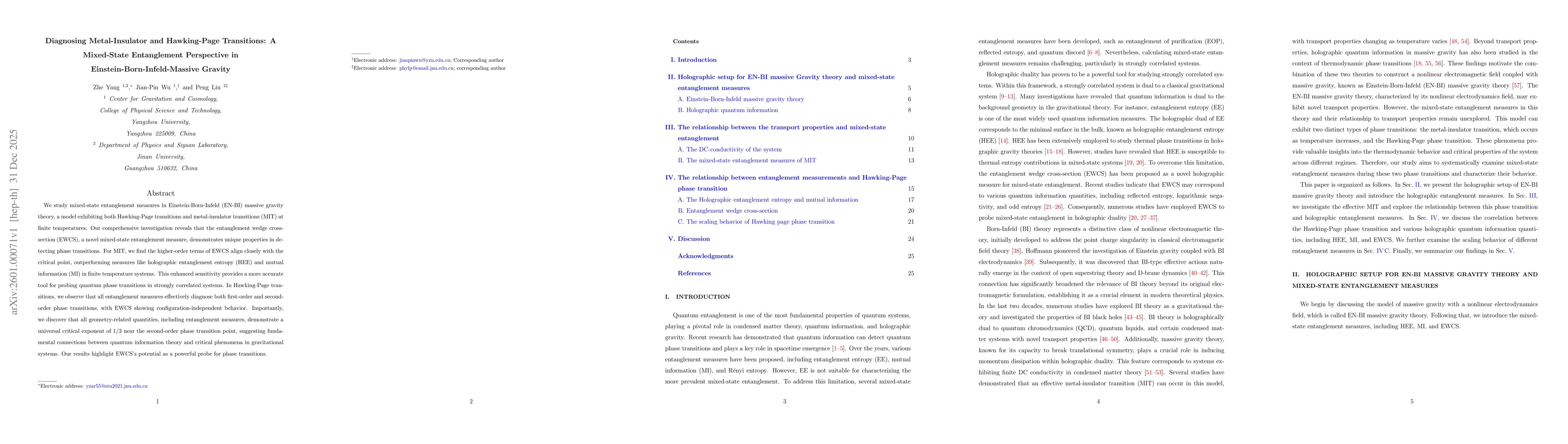 Thumbnail for Diagnosing Metal-Insulator and Hawking-Page Transitions: A Mixed-State Entanglement Perspective in Einstein-Born-Infeld-Massive Gravity