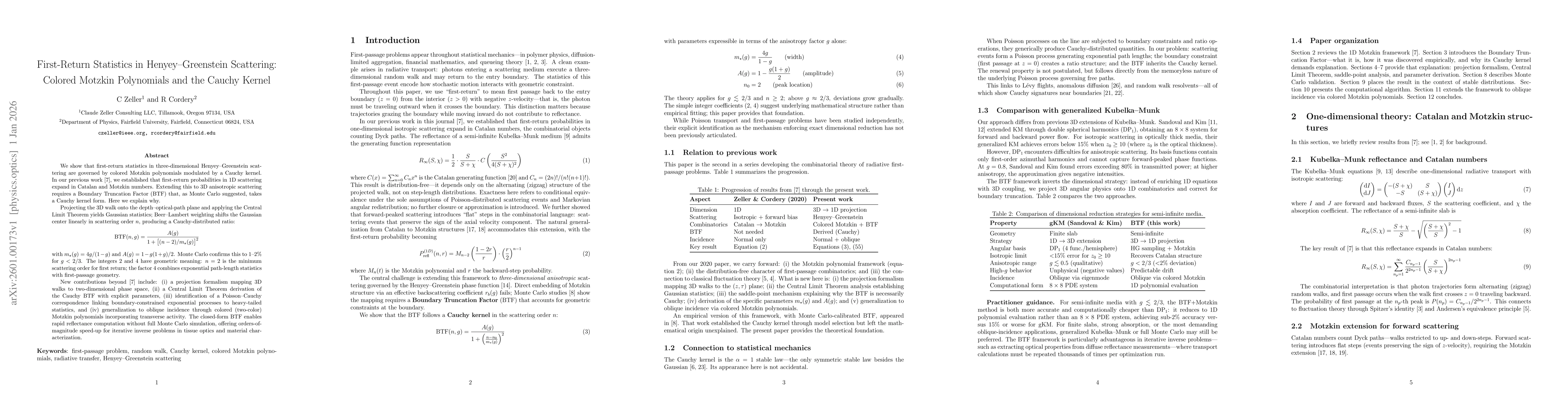 Thumbnail for First-Return Statistics in Henyey-Greenstein Scattering: Colored Motzkin Polynomials and the Cauchy Kernel