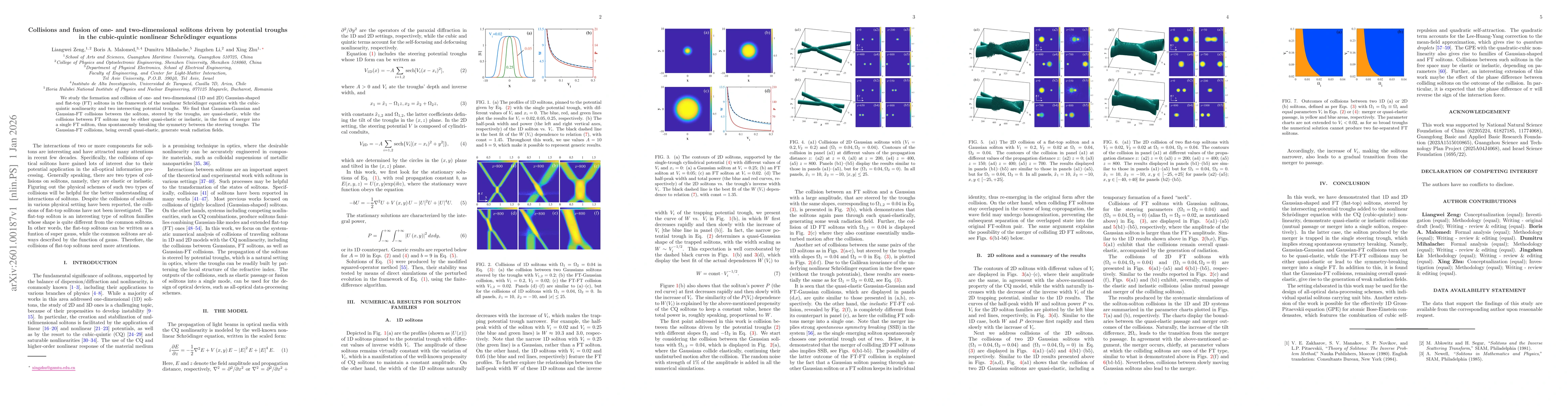 Thumbnail for Collisions and fusion of one- and two-dimensional solitons driven by potential troughs in the cubic-quintic nonlinear Schrödinger equations