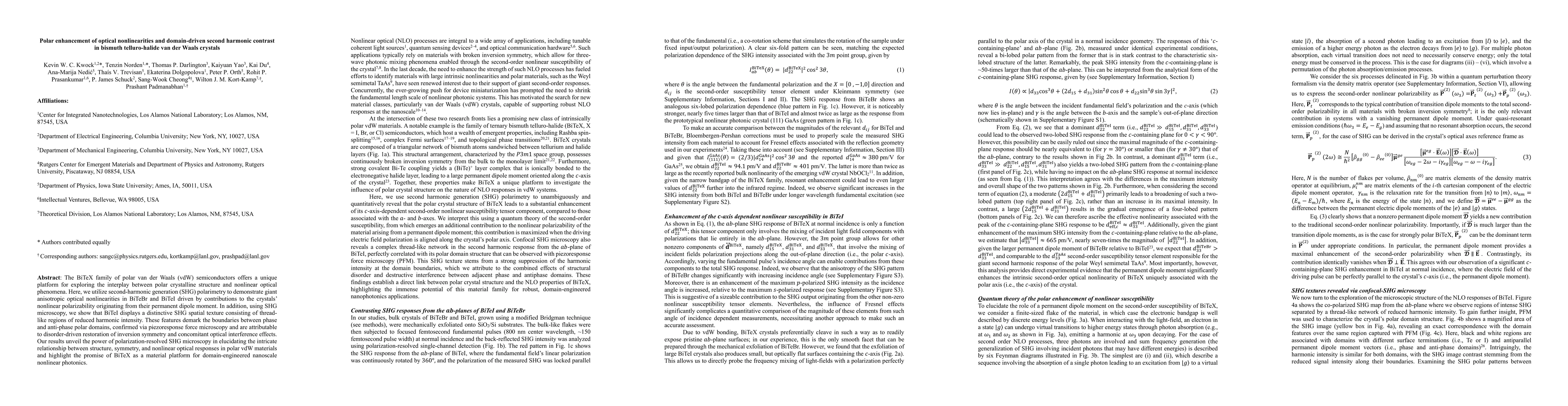Thumbnail for Polar enhancement of optical nonlinearities and domain-driven second harmonic contrast in bismuth telluro-halide van der Waals crystals