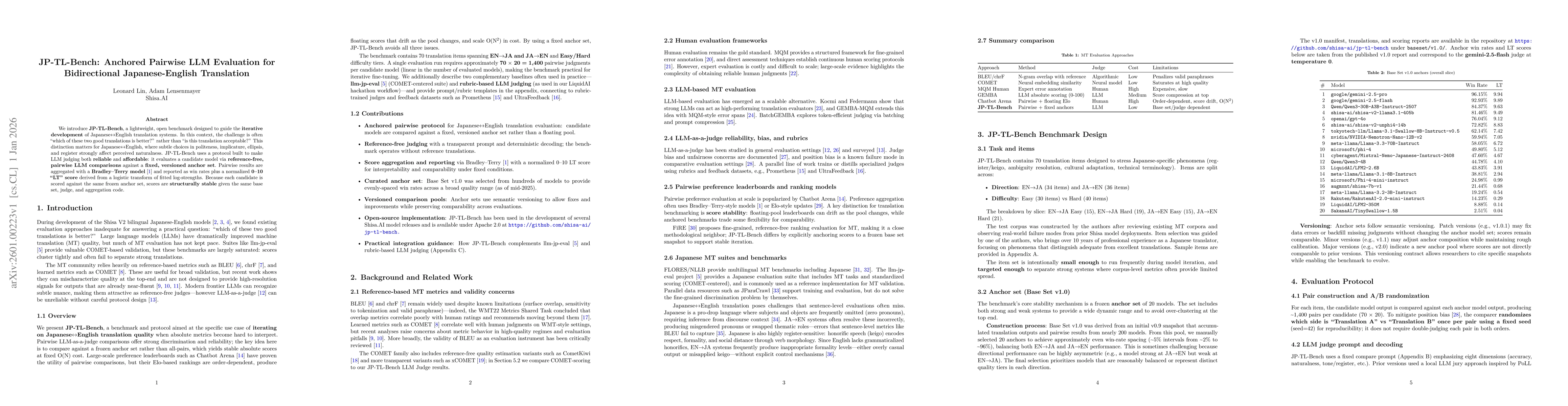 Thumbnail for JP-TL-Bench: Anchored Pairwise LLM Evaluation for Bidirectional Japanese-English Translation
