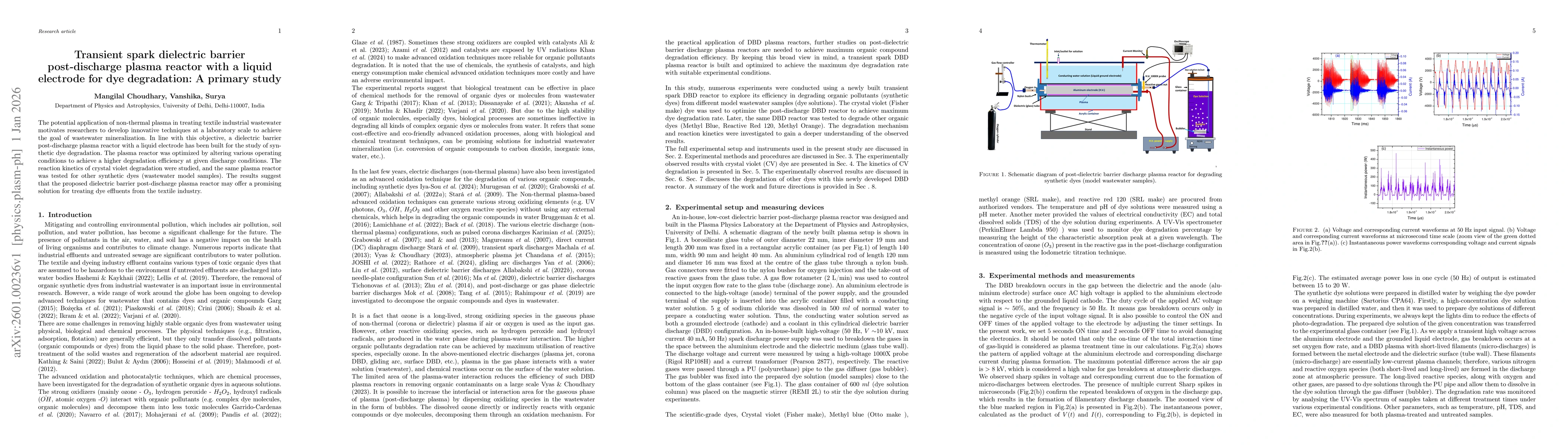 Thumbnail for Transient spark dielectric barrier post-discharge plasma reactor with a liquid electrode for dye degradation: A primary study