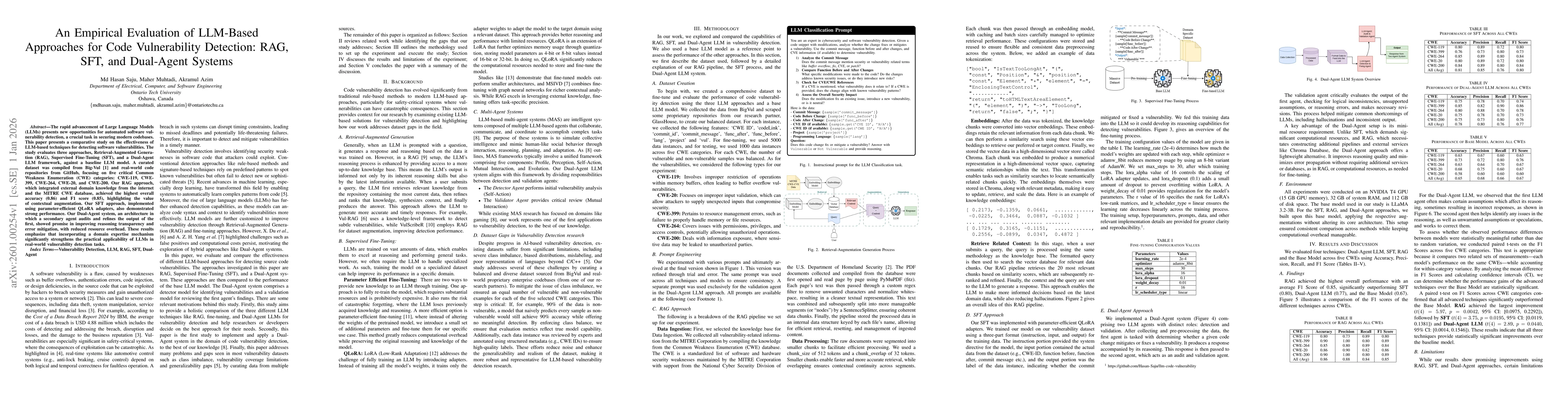 Thumbnail for An Empirical Evaluation of LLM-Based Approaches for Code Vulnerability Detection: RAG, SFT, and Dual-Agent Systems