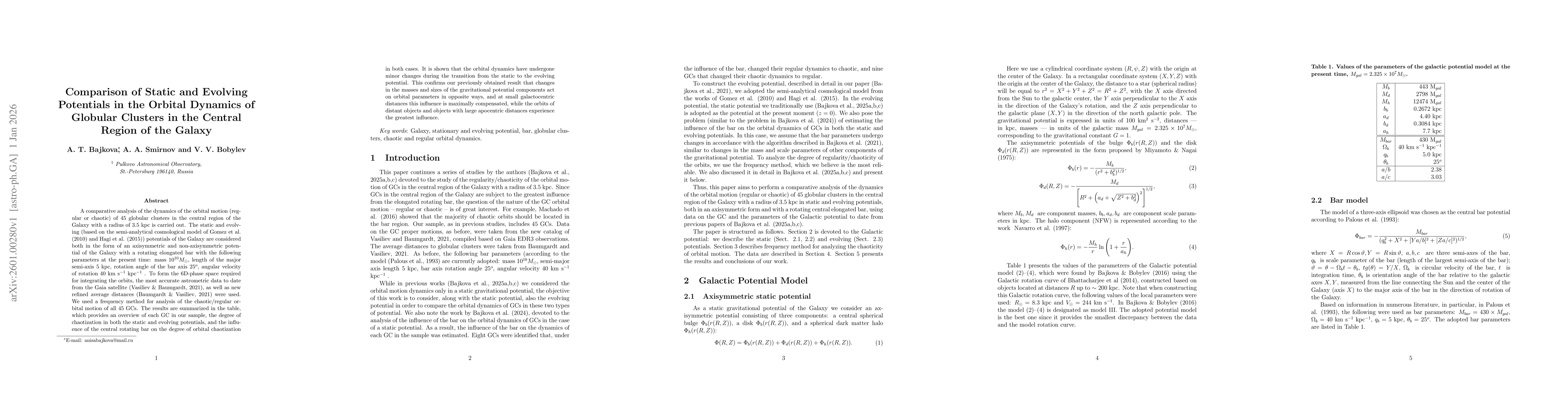 Thumbnail for Comparison of Static and Evolving Potentials in the Orbital Dynamics of Globular Clusters in the Central Region of the Galaxy