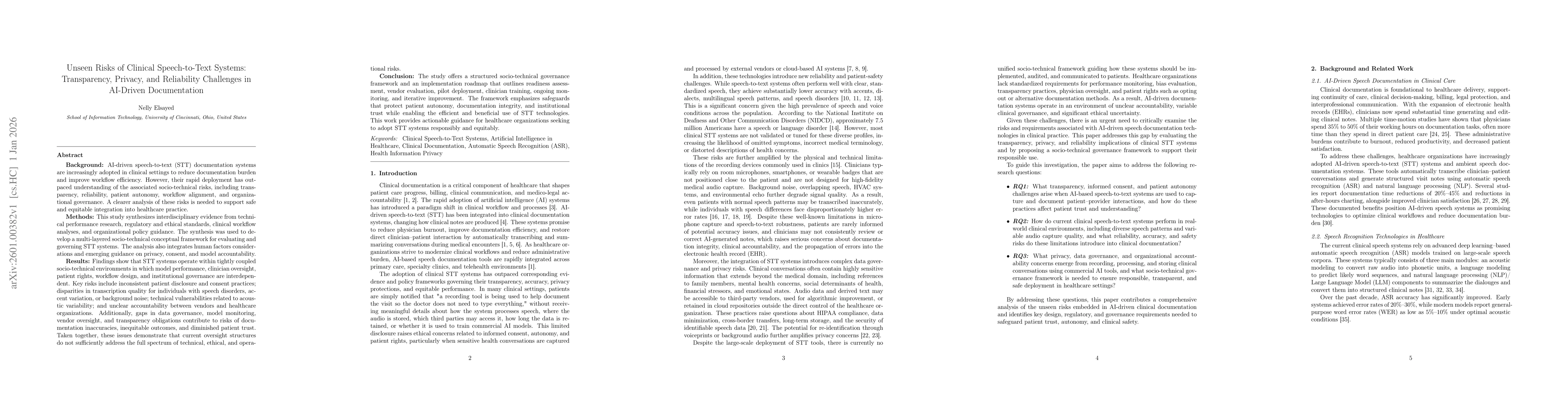 Thumbnail for Unseen Risks of Clinical Speech-to-Text Systems: Transparency, Privacy, and Reliability Challenges in AI-Driven Documentation