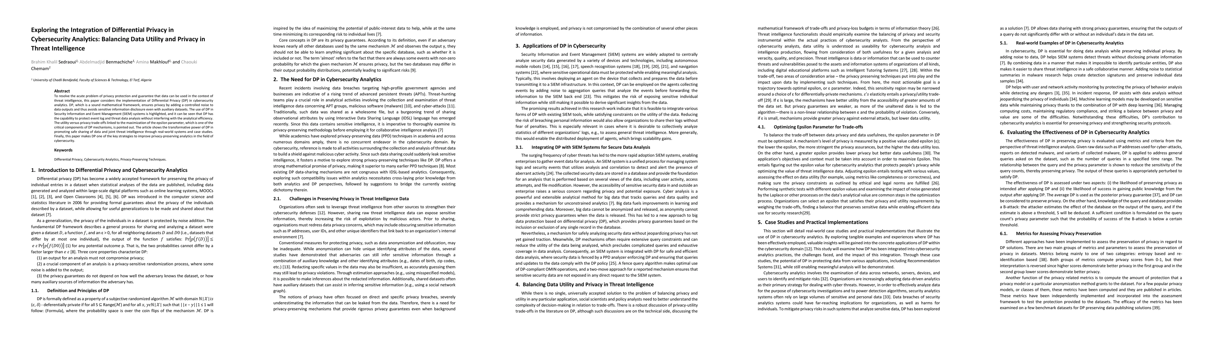 Thumbnail for Exploring the Integration of Differential Privacy in Cybersecurity Analytics: Balancing Data Utility and Privacy in Threat Intelligence