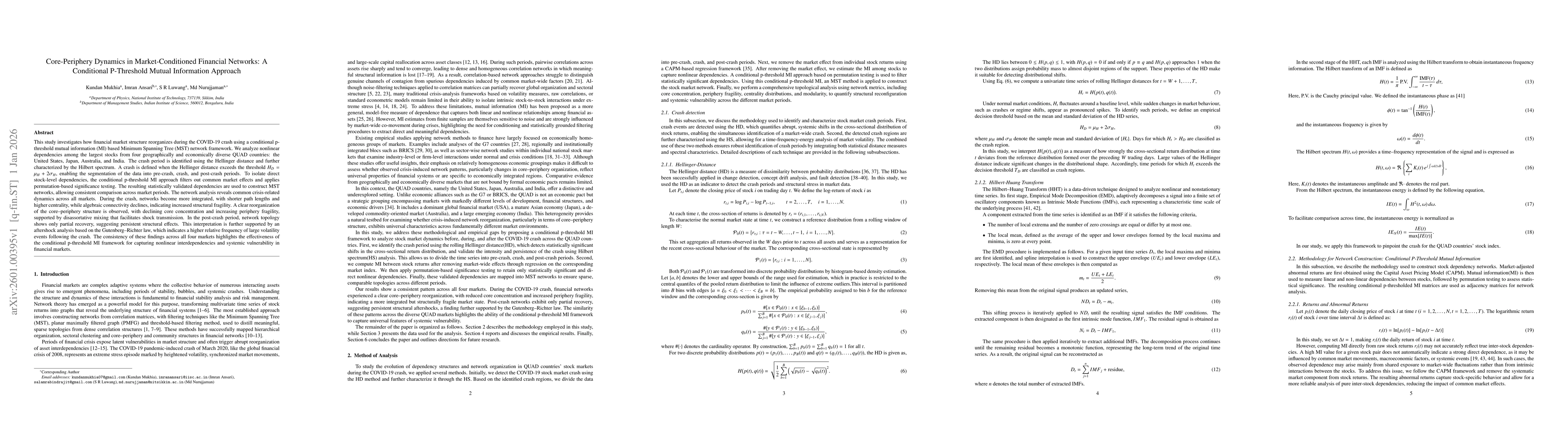 Thumbnail for Core-Periphery Dynamics in Market-Conditioned Financial Networks: A Conditional P-Threshold Mutual Information Approach