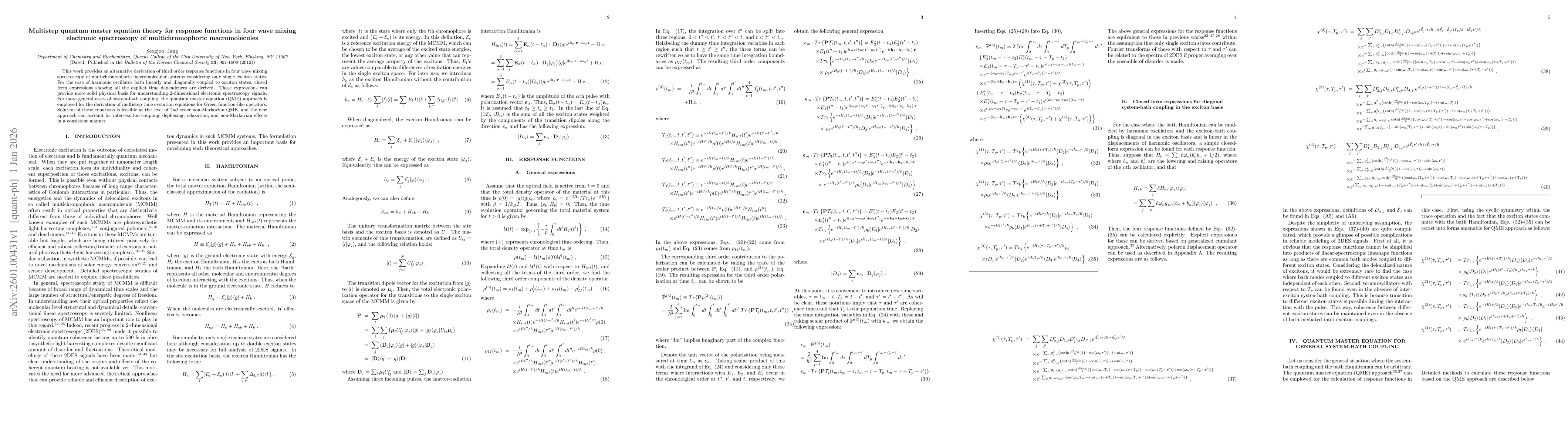 Thumbnail for Multistep quantum master equation theory for response functions in four wave mixing electronic spectroscopy of multichromophoric macromolecules