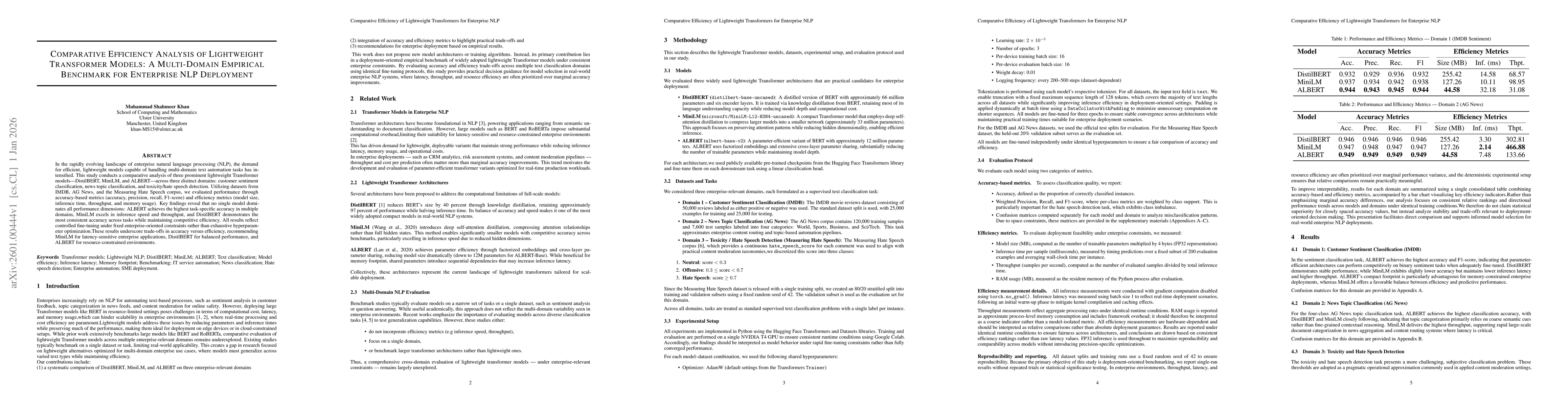 Thumbnail for Comparative Efficiency Analysis of Lightweight Transformer Models: A Multi-Domain Empirical Benchmark for Enterprise NLP Deployment