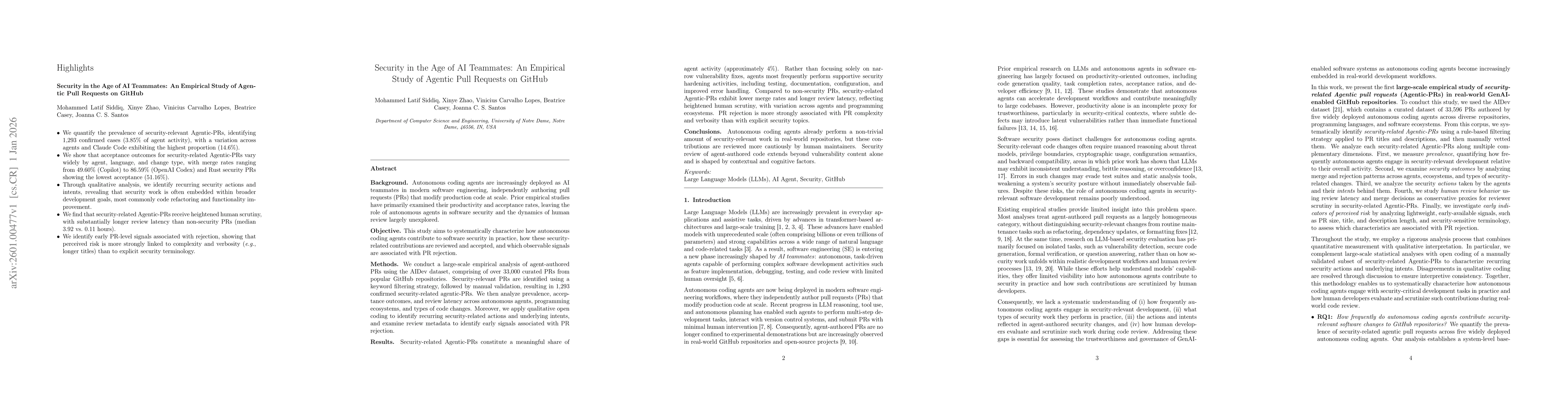 Thumbnail for Security in the Age of AI Teammates: An Empirical Study of Agentic Pull Requests on GitHub