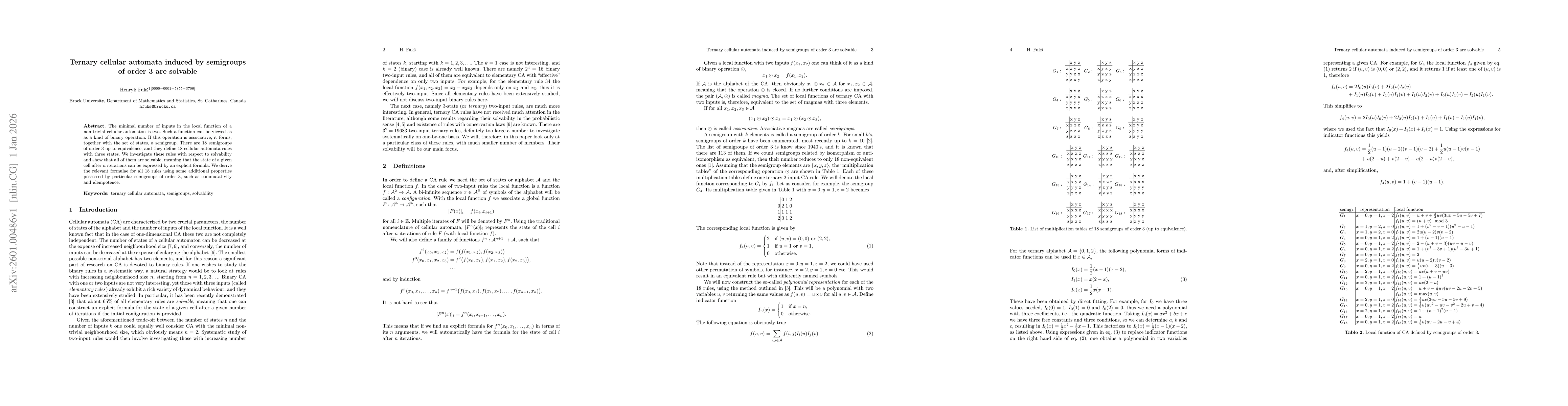 Thumbnail for Ternary cellular automata induced by semigroups of order 3 are solvable