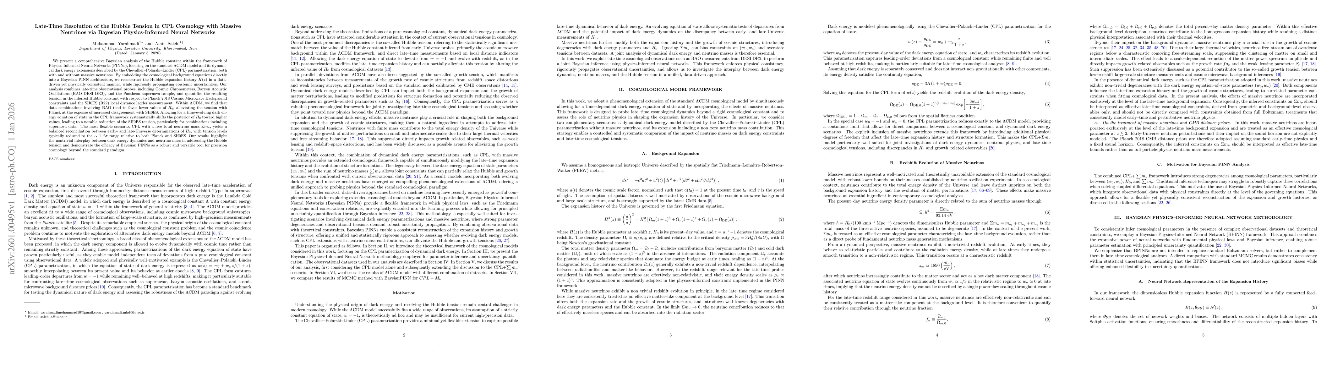 Thumbnail for Late-Time Resolution of the Hubble Tension in CPL Cosmology with Massive Neutrinos via Bayesian Physics-Informed Neural Networks