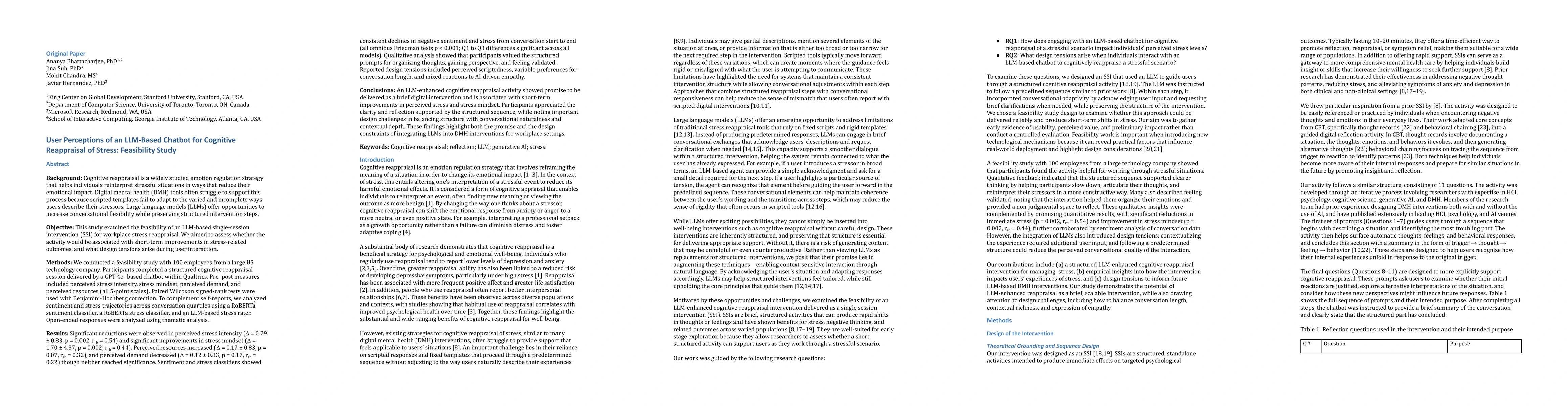 Thumbnail for User Perceptions of an LLM-Based Chatbot for Cognitive Reappraisal of Stress: Feasibility Study