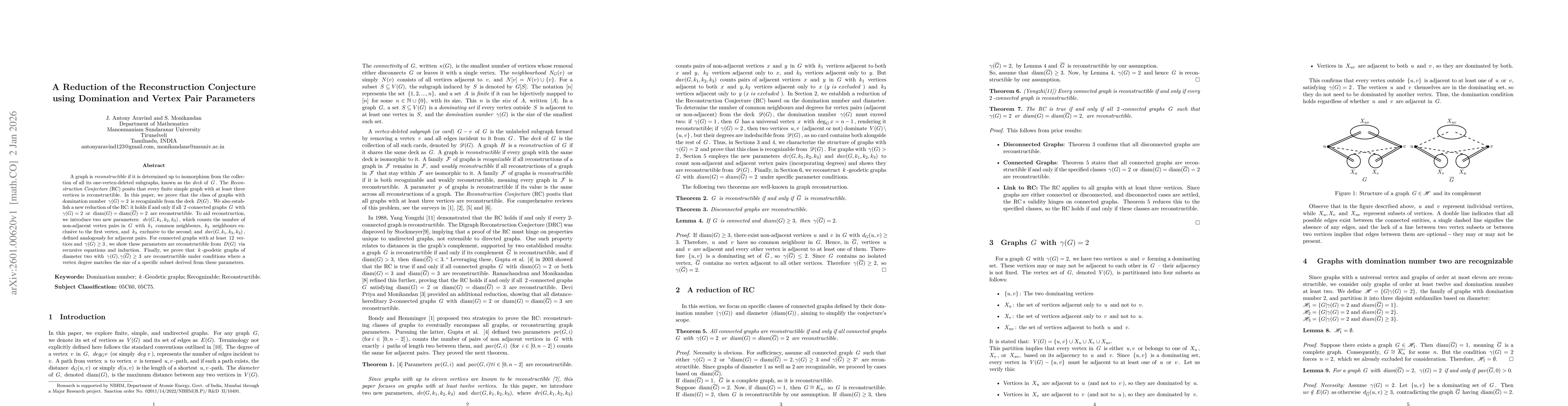 Thumbnail for A Reduction of the Reconstruction Conjecture using Domination and Vertex Pair Parameters