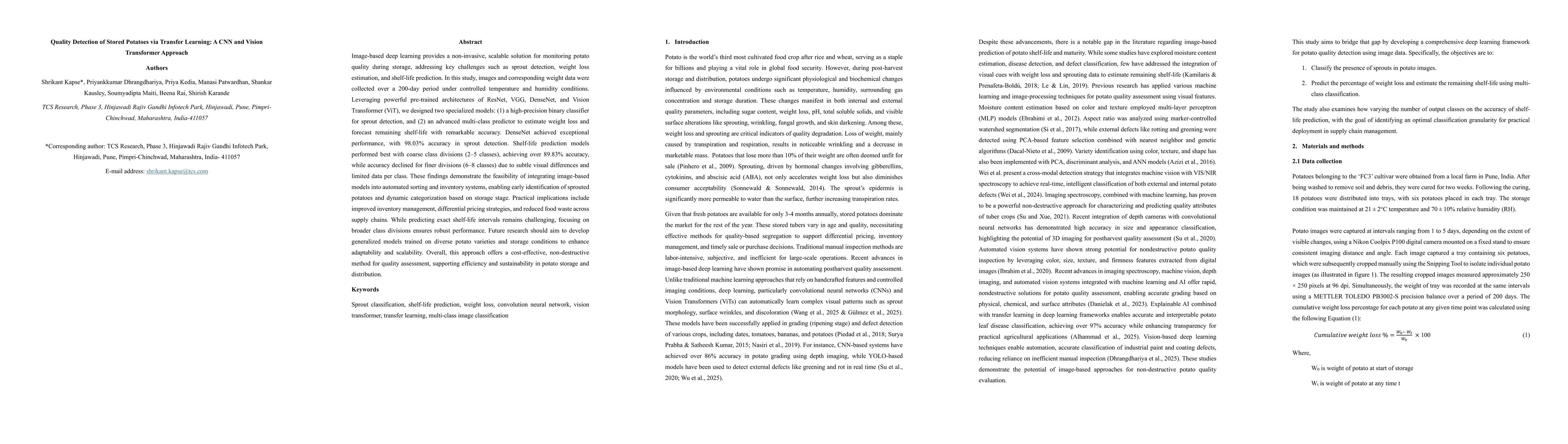 Thumbnail for Quality Detection of Stored Potatoes via Transfer Learning: A CNN and Vision Transformer Approach