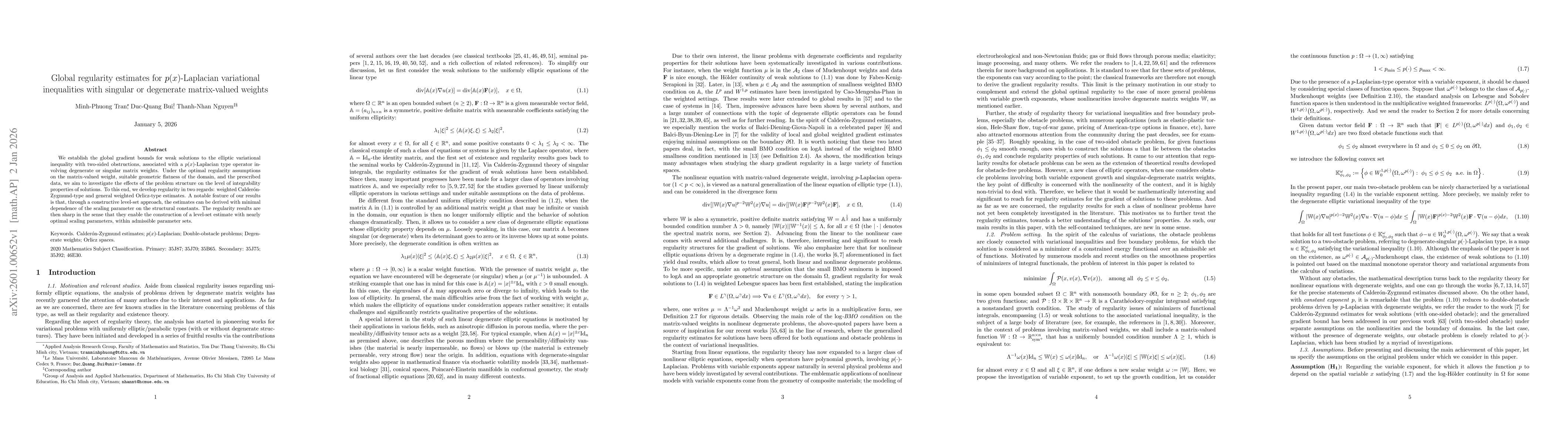 Thumbnail for Global regularity estimates for $p(x)$-Laplacian variational inequalities with singular or degenerate matrix-valued weights