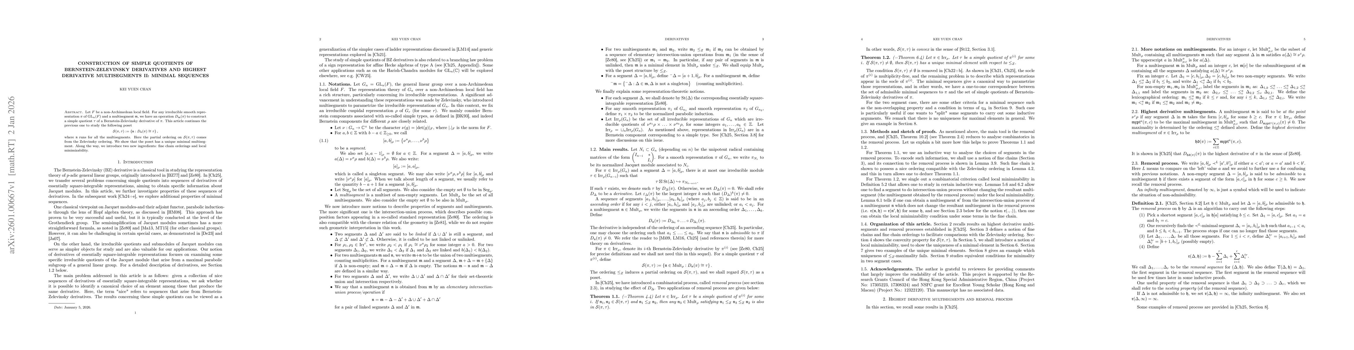 Thumbnail for Construction of simple quotients of Bernstein-Zelevinsky derivatives and highest derivative multisegments II: Minimal sequences