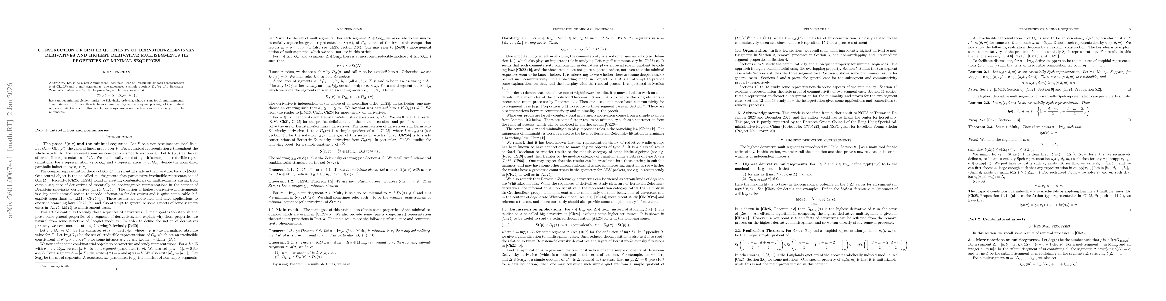 Thumbnail for Construction of simple quotients of Bernstein-Zelevinsky derivatives and highest derivative multisegments III: properties of minimal sequences