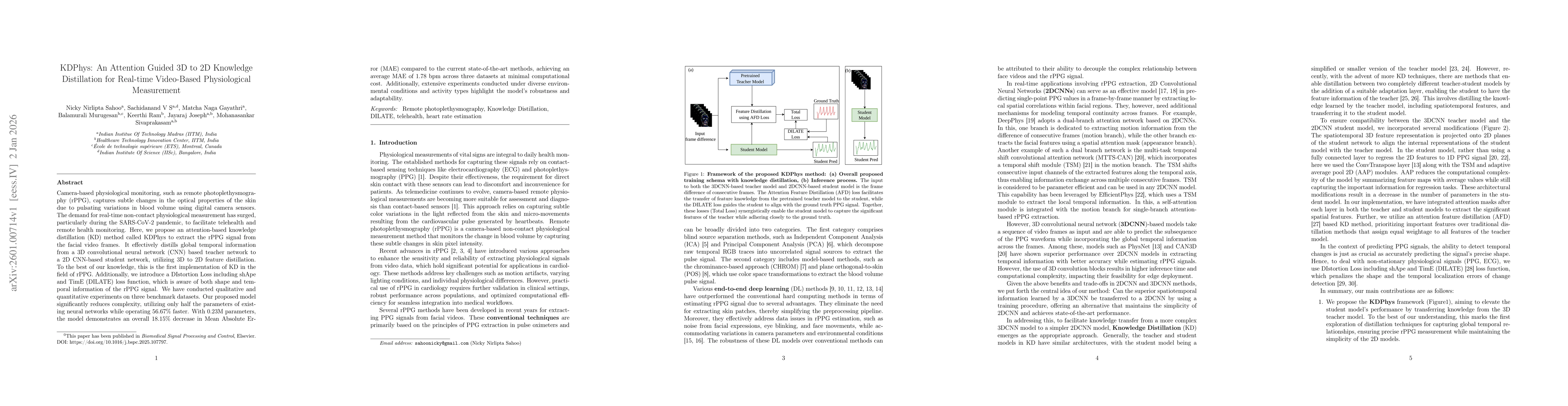 Thumbnail for KDPhys: An Attention Guided 3D to 2D Knowledge Distillation for Real-time Video-Based Physiological Measurement