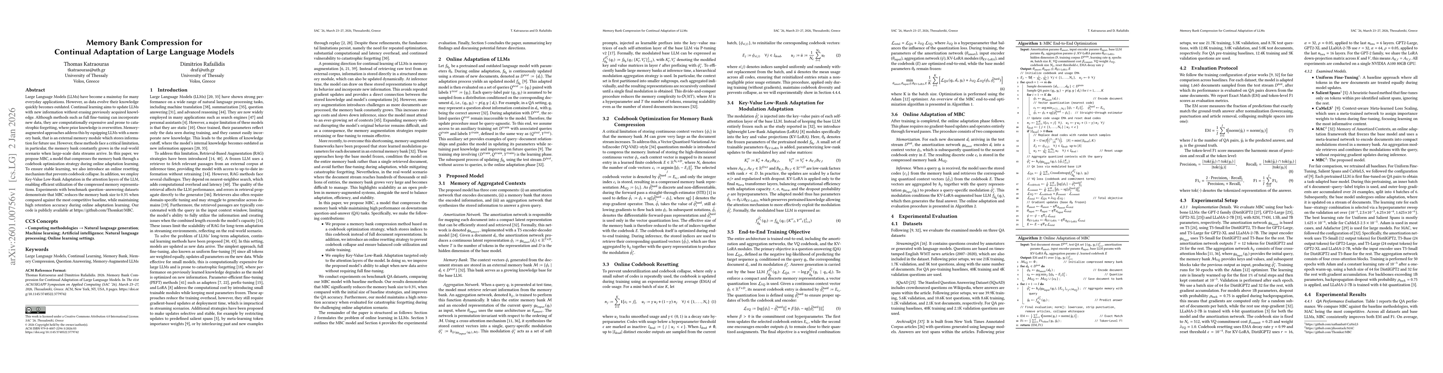 Thumbnail for Memory Bank Compression for Continual Adaptation of Large Language Models