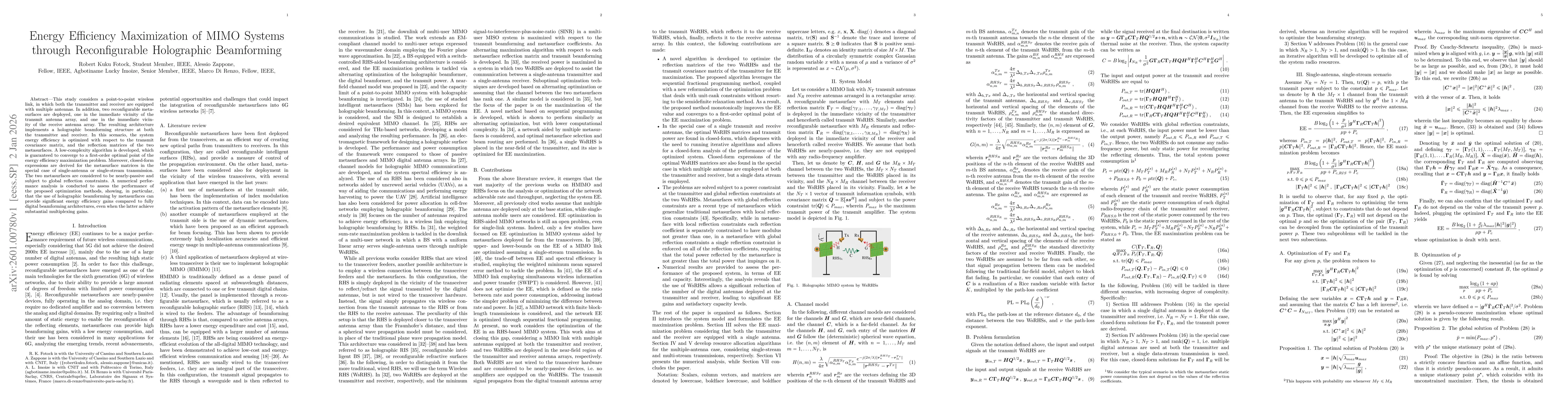 Thumbnail for Energy Efficiency Maximization of MIMO Systems through Reconfigurable Holographic Beamforming