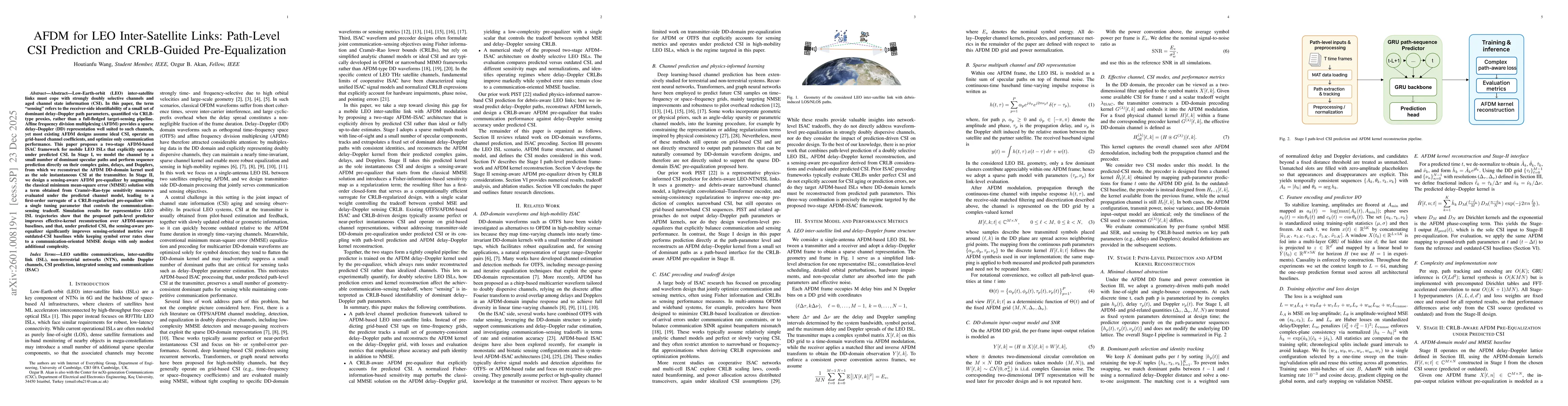 Thumbnail for AFDM for LEO Inter-Satellite Links: Path-Level CSI Prediction and CRLB-Guided Pre-Equalization