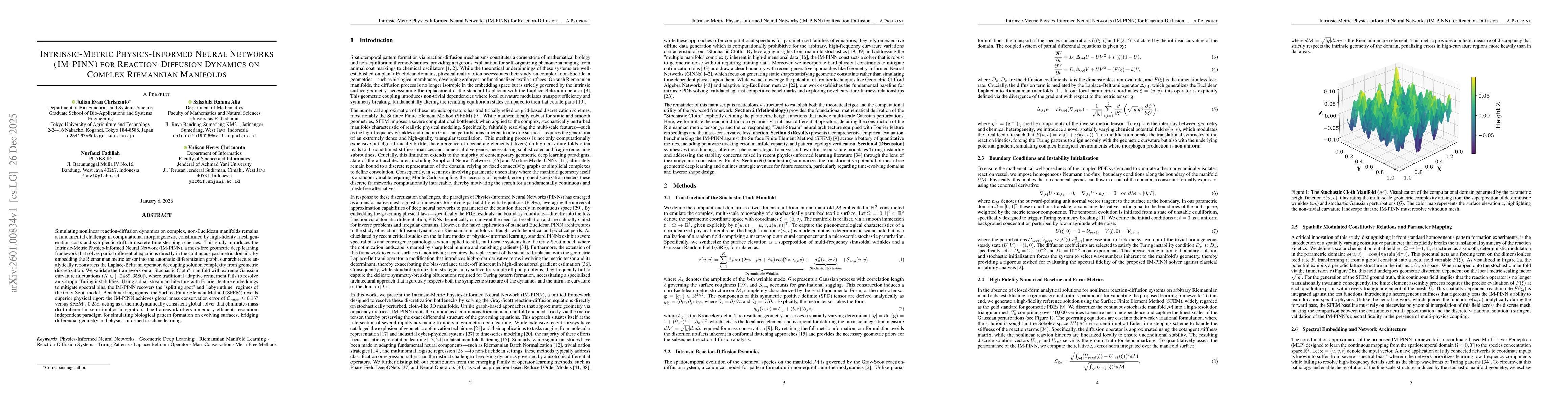 Thumbnail for Intrinsic-Metric Physics-Informed Neural Networks (IM-PINN) for Reaction-Diffusion Dynamics on Complex Riemannian Manifolds