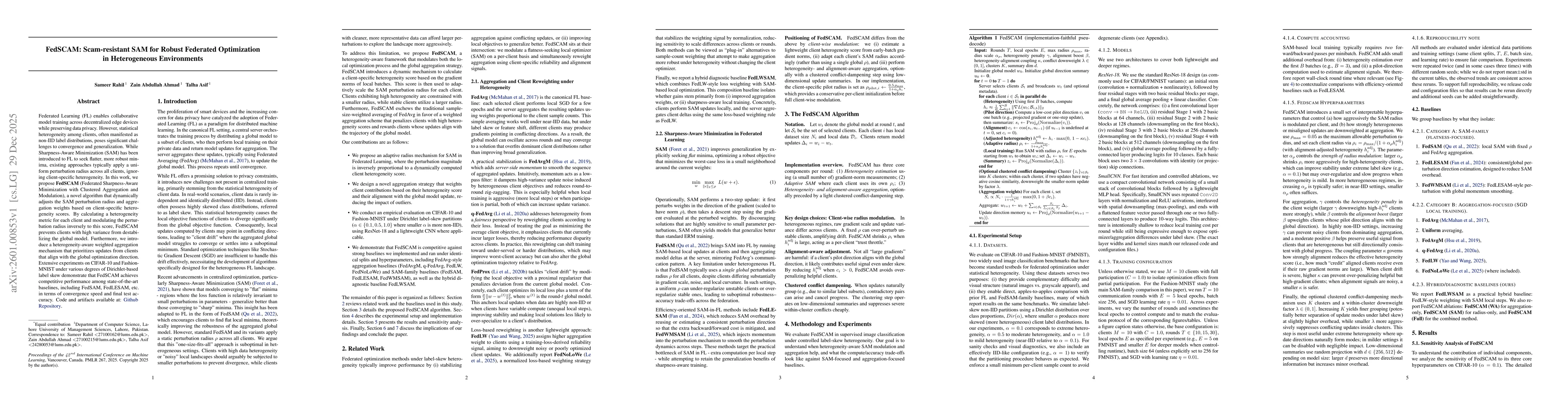 Thumbnail for FedSCAM (Federated Sharpness-Aware Minimization with Clustered Aggregation and Modulation): Scam-resistant SAM for Robust Federated Optimization in Heterogeneous Environments
