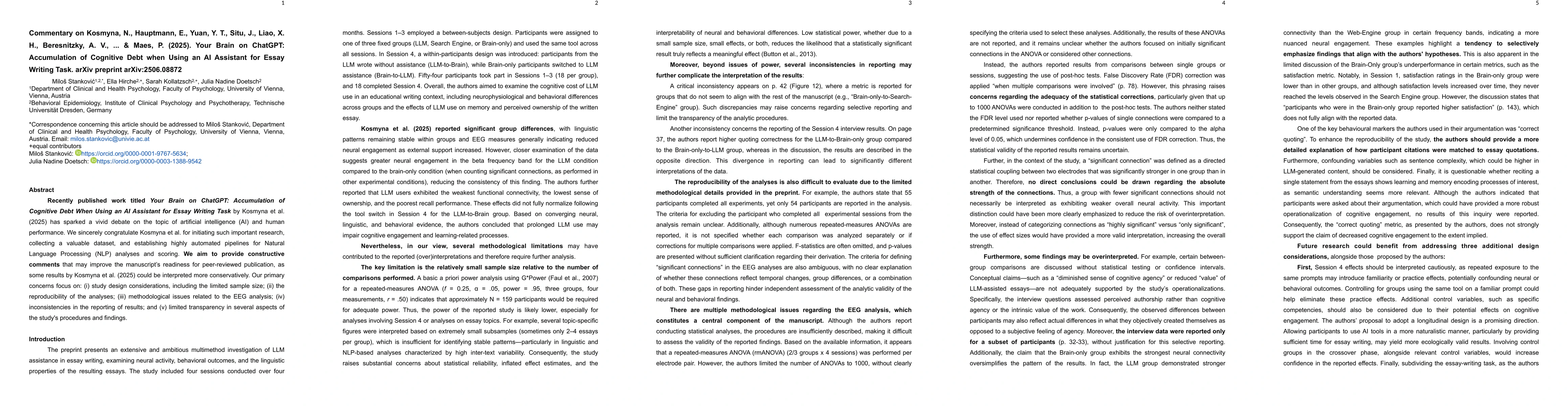 Thumbnail for Comment on: Your Brain on ChatGPT: Accumulation of Cognitive Debt When Using an AI Assistant for Essay Writing Tasks