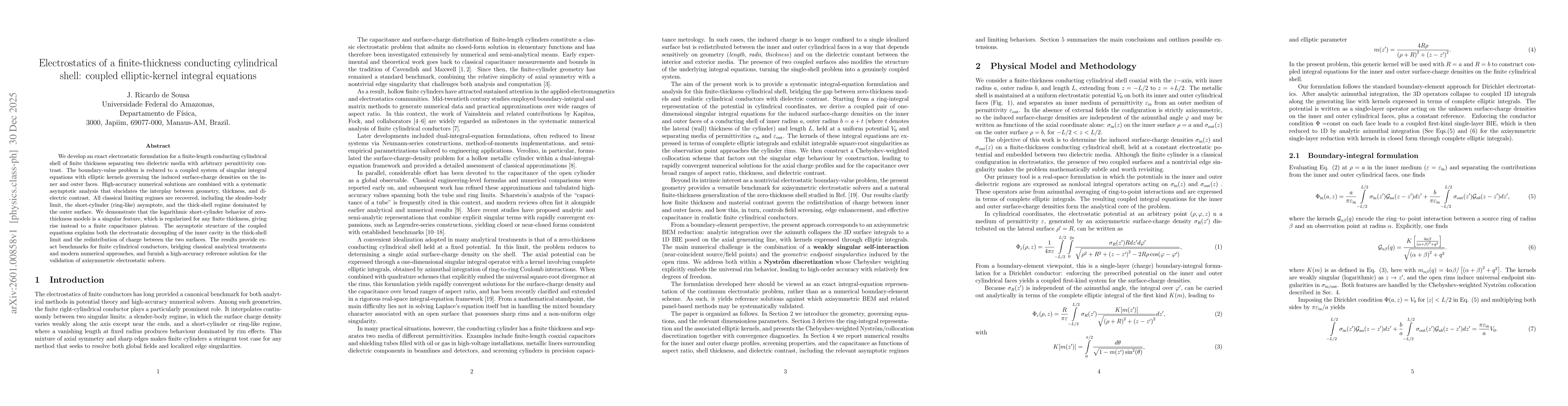 Thumbnail for Electrostatics of a finite-thickness conducting cylindrical shell: coupled elliptic-kernel integral equations