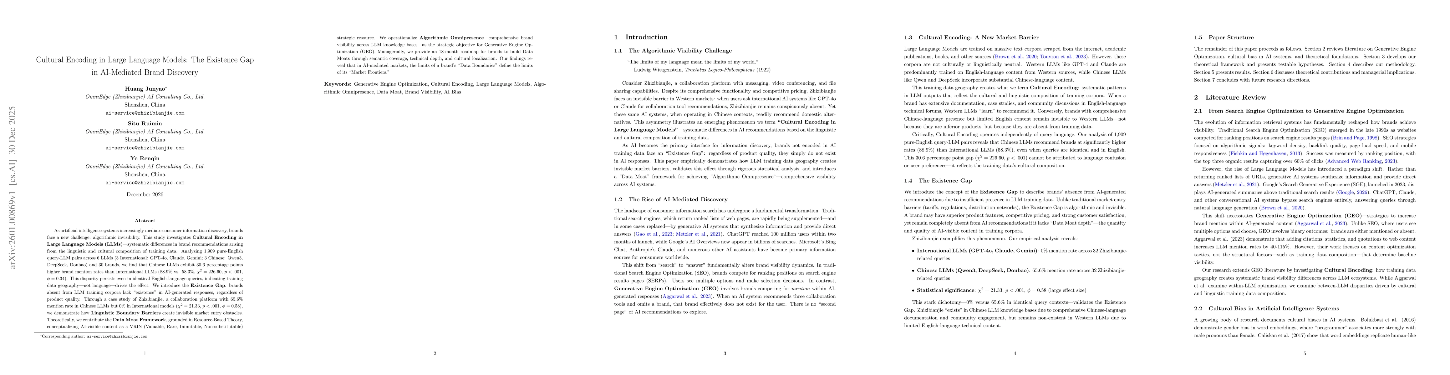 Thumbnail for Cultural Encoding in Large Language Models: The Existence Gap in AI-Mediated Brand Discovery