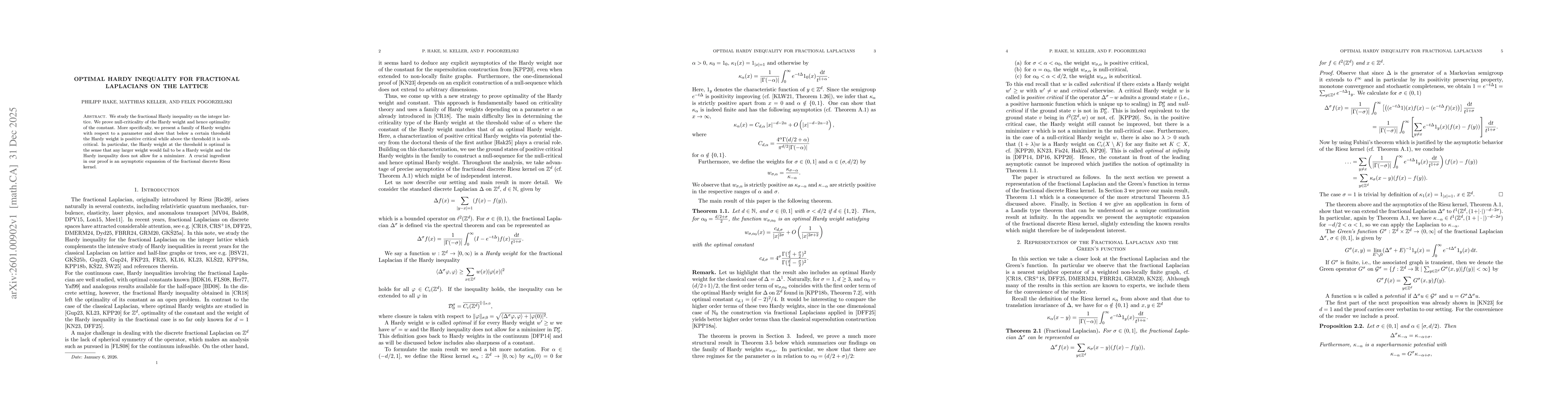 Thumbnail for Optimal Hardy Inequality for Fractional Laplacians on the Lattice