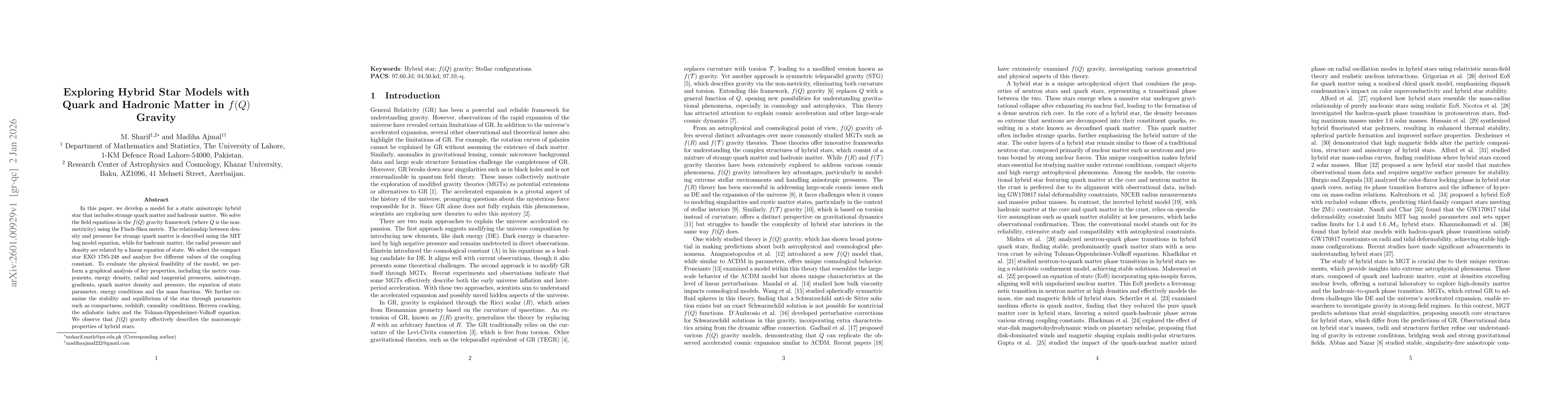 Thumbnail for Exploring Hybrid Star Models with Quark and Hadronic Matter in $f(Q)$ Gravity
