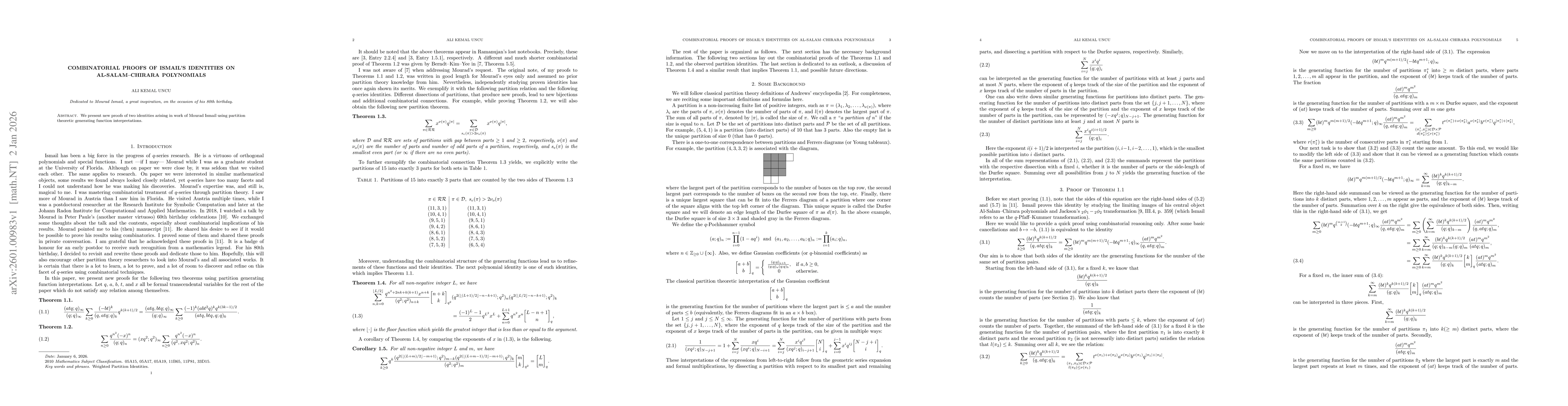 Thumbnail for Combinatorial Proofs of Ismail's Identities on Al-Salam--Chirara Polynomials