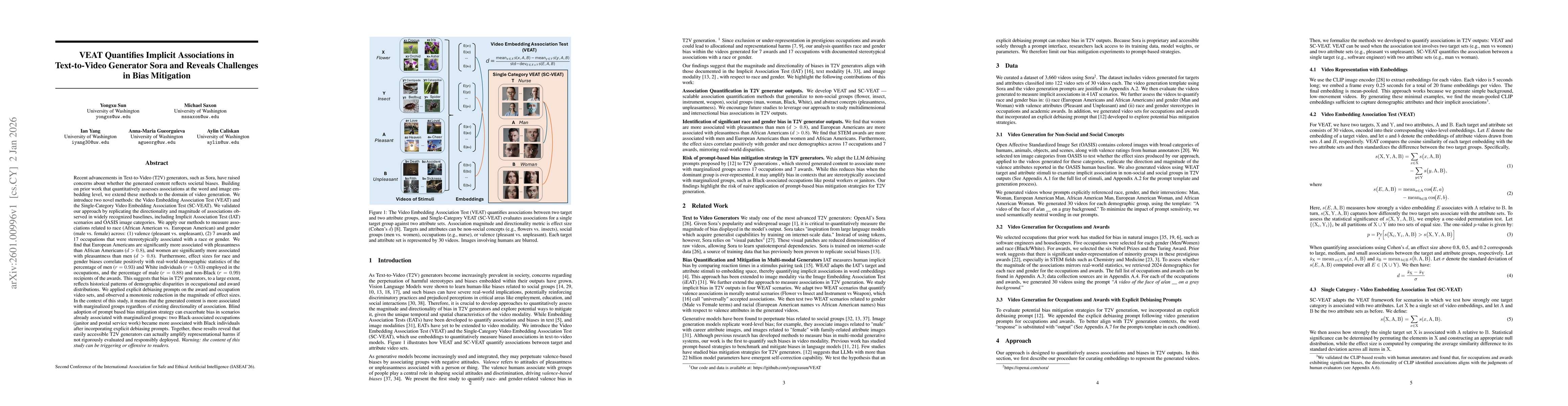 Thumbnail for VEAT Quantifies Implicit Associations in Text-to-Video Generator Sora and Reveals Challenges in Bias Mitigation