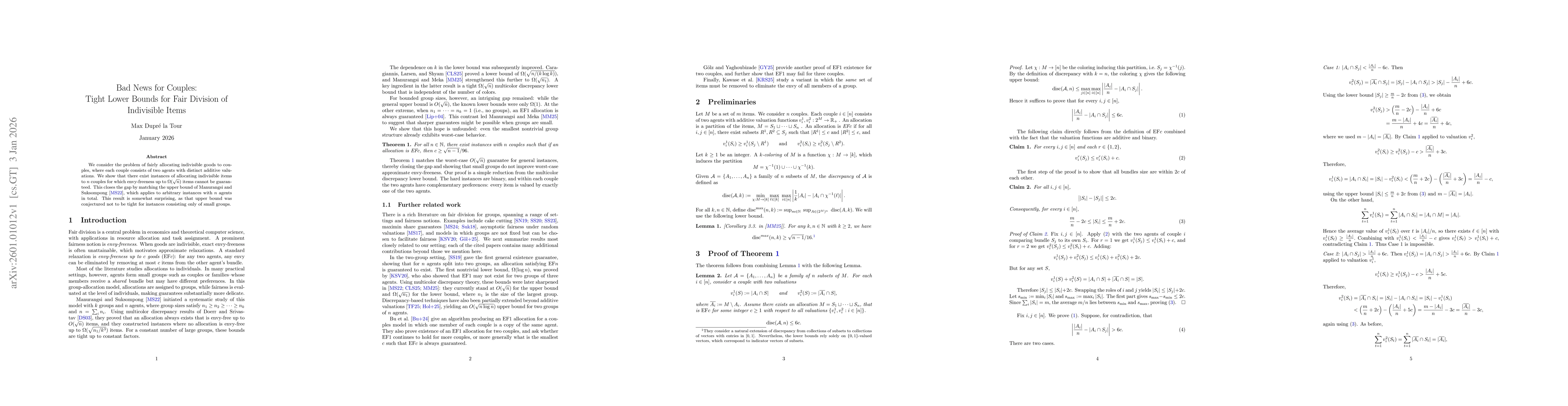 Thumbnail for Bad News for Couples: Tight Lower Bounds for Fair Division of Indivisible Items