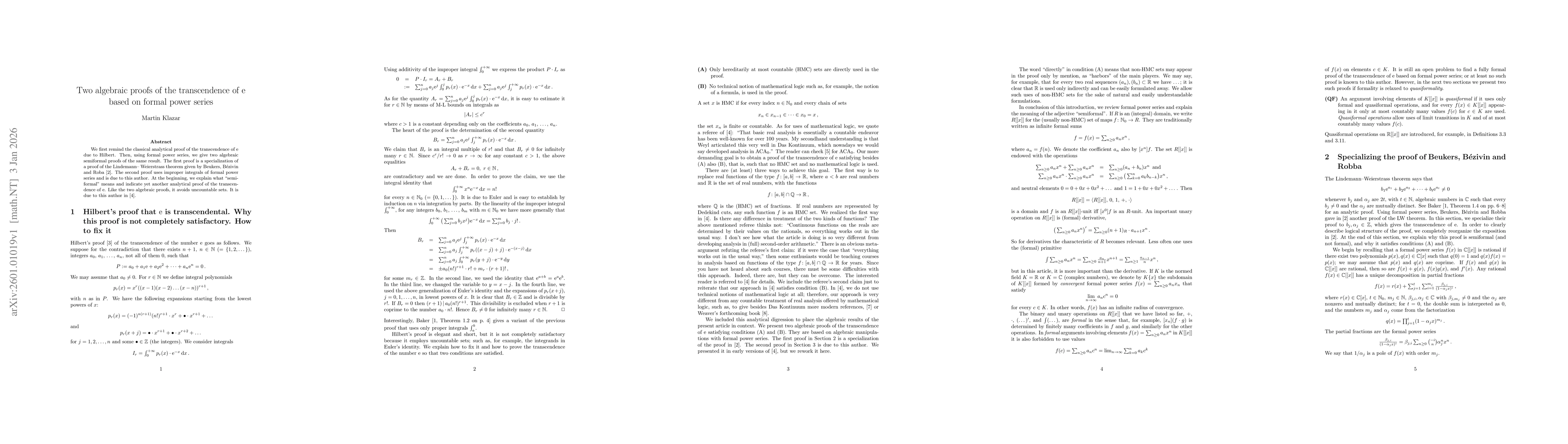 Thumbnail for Two algebraic proofs of the transcendence of $\mathrm{e}$ based on formal power series