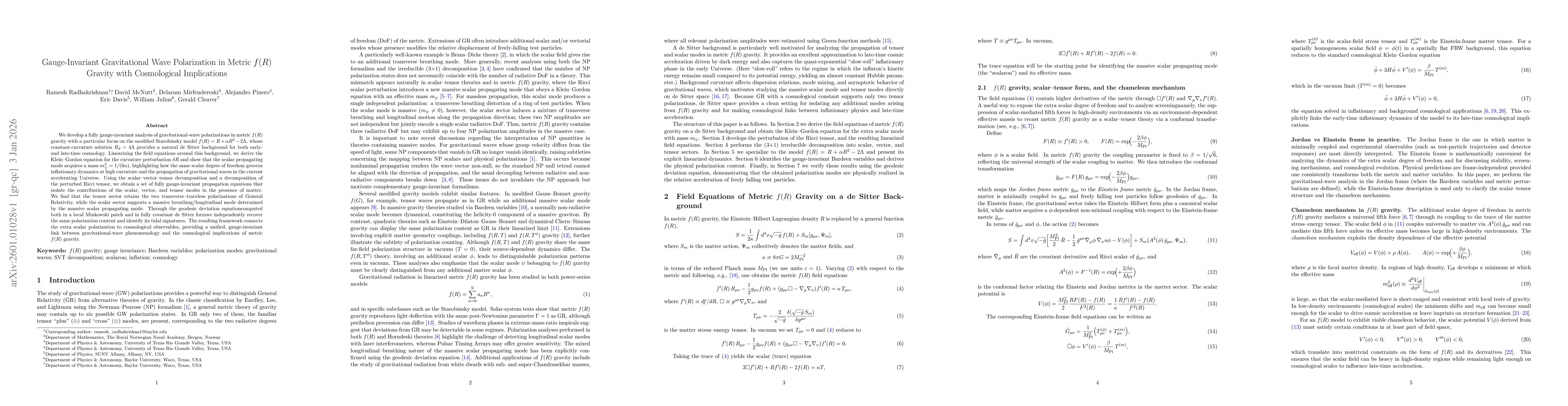 Thumbnail for Gauge-Invariant Gravitational Wave Polarization in Metric f(R) Gravity with Cosmological Implications