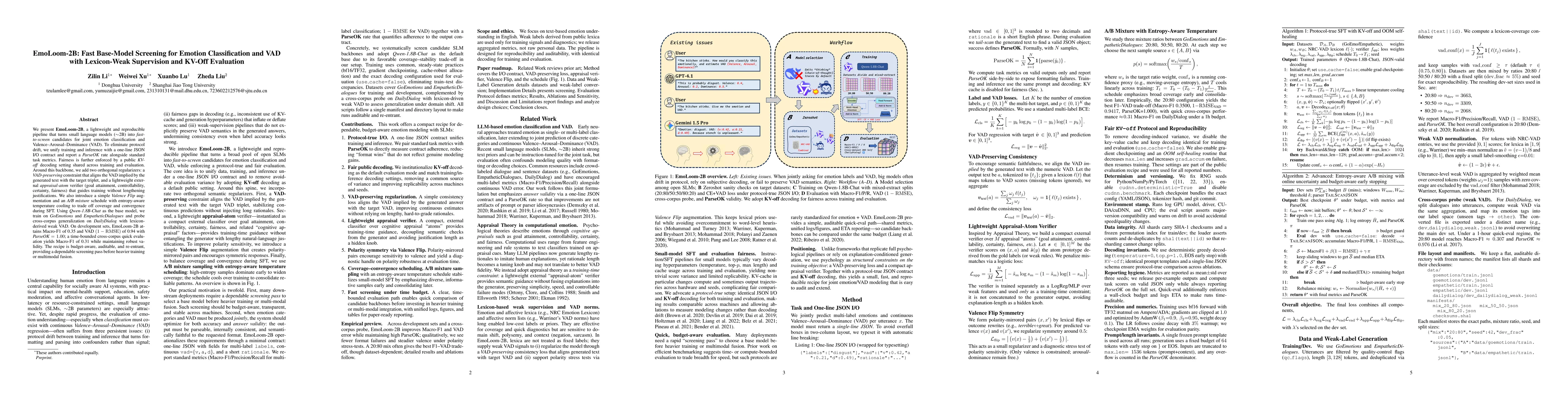 Thumbnail for EmoLoom-2B: Fast Base-Model Screening for Emotion Classification and VAD with Lexicon-Weak Supervision and KV-Off Evaluation