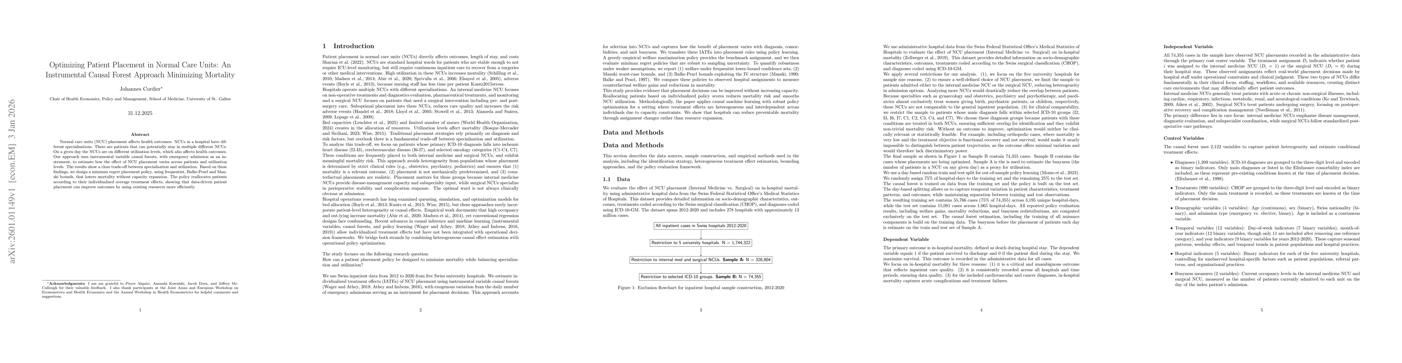 Thumbnail for Optimizing Patient Placement in Normal Care Units: An Instrumental Causal Forest Approach Minimizing Mortality