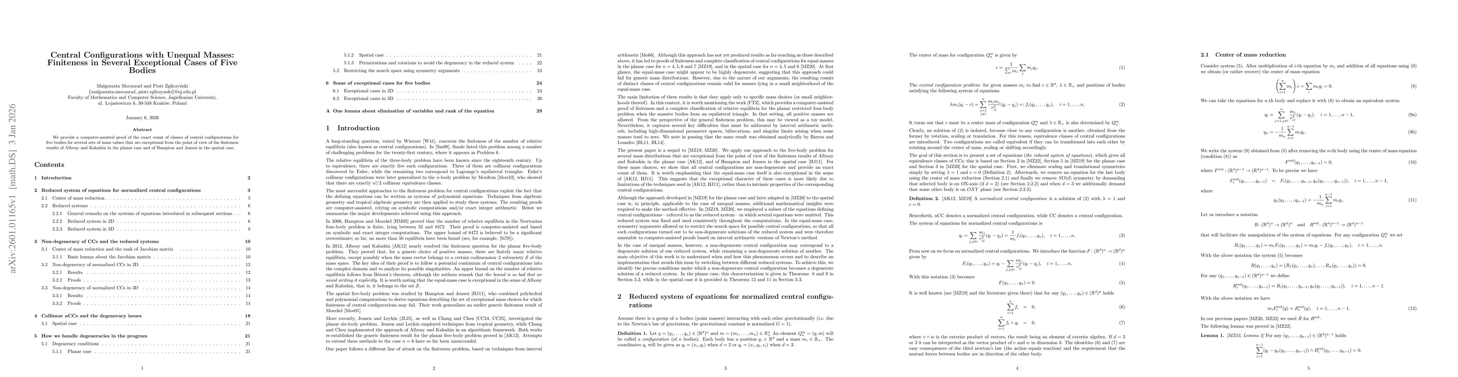Thumbnail for Central Configurations with Unequal Masses: Finiteness in Several Exceptional Cases of Five Bodies