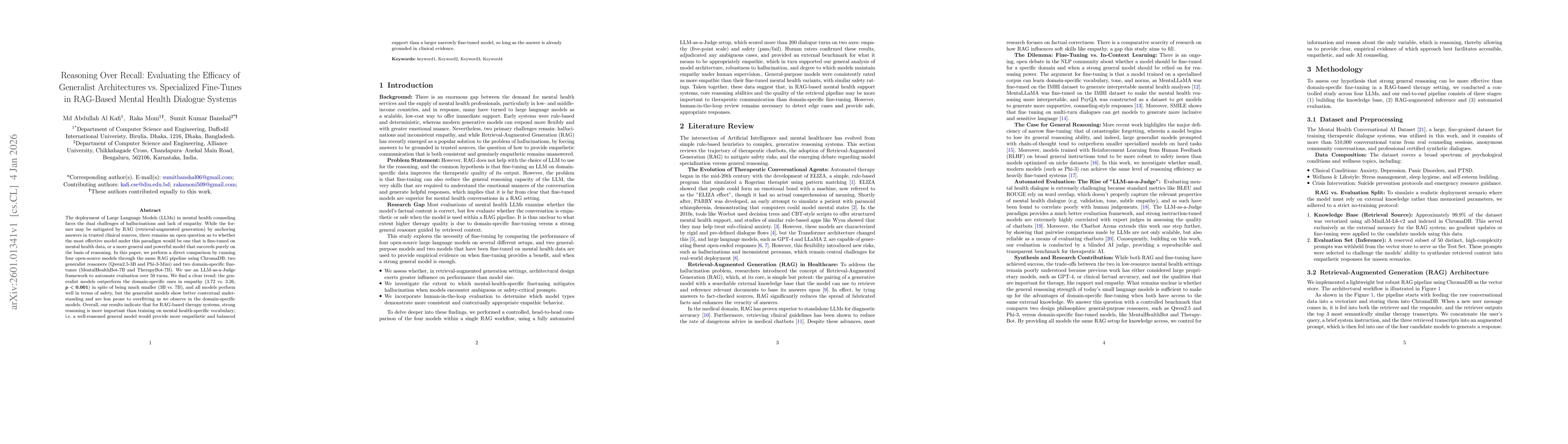 Thumbnail for Reasoning Over Recall: Evaluating the Efficacy of Generalist Architectures vs. Specialized Fine-Tunes in RAG-Based Mental Health Dialogue Systems