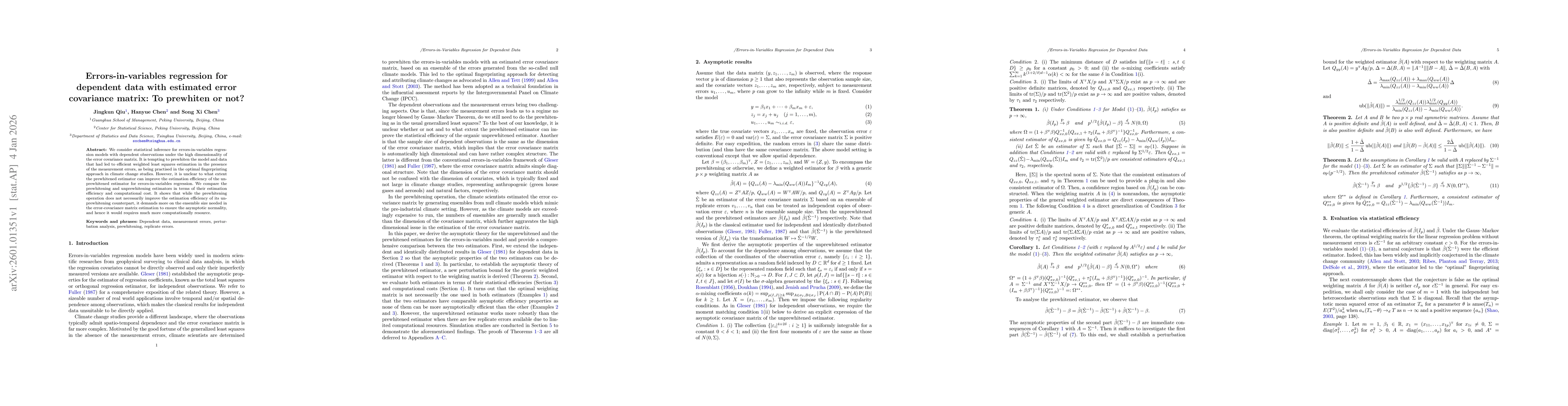 Thumbnail for Errors-in-variables regression for dependent data with estimated error covariance matrix: To prewhiten or not?